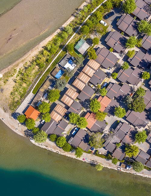 Aerial view of camping park with chalets
